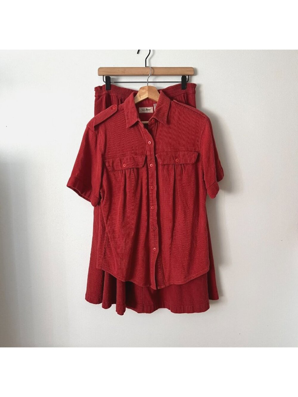 VTG L.L. Bean Cool Weave Red Safari Skirt & Button Up Shirt Set Women's Size 10
